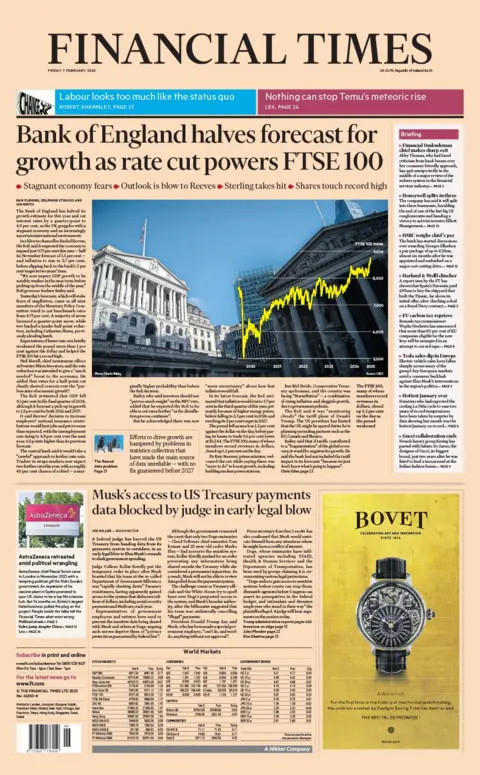 Financial Times front page with headline Bank of England halves forecast for growth as rate cut powers FTSE 100