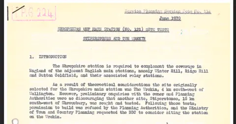 BBC Written Archives The start of a typed BBC memo saying that a site in Shropshire was required to complement adjacent transmitters at Sutton Coldfield, Ridge Hill and Winter Hill; and outlining planning concerns about building on both the Wrekin and Stiperstones. 
