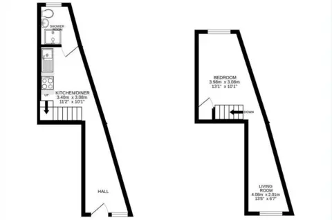 The Mather Partnership The floor plans for both storeys of the house. The kitchen-diner is marked as being 3.40 x 3.08m and the bedroom is 3.98 x 3.08m. Downstairs is a kitchen-diner, shower room and hall while upstairs is a bedroom and living room divided by a staircase.