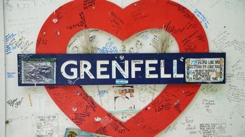 The hoarding around Grenfell Tower which shows messages of love and support surrounding an tube station style Grenfell sign in the shape of a love heart