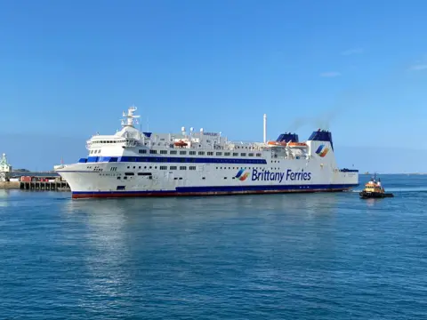 BBC Brittany Ferries’ Barfleur arrives during yesterday evening’s berthing trial.