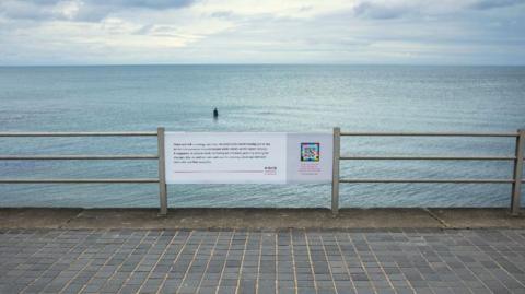 An alt text description in front of Antony Gormley's cast iron sculpture titled 'Another Time' which is located on Fulsam Rock, in the sea