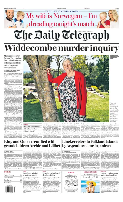 "Widdecombe murder inquiry," reads the headline on the front page of the Daily Telegraph.