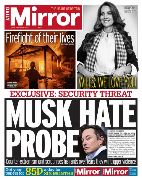 "Musk hate probe" headlines the Mirror