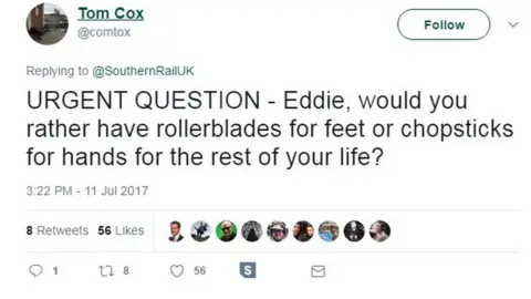 @comtox/Twitter URGENT QUESTION - Eddie, would you rather have rollerblades for feet or chopsticks for hands for the rest of your life?