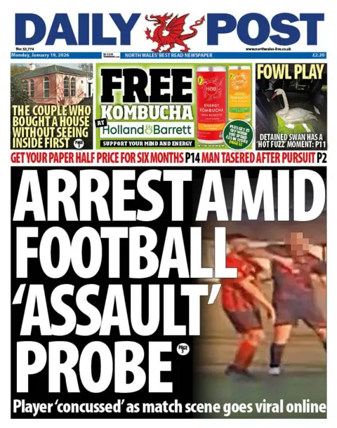Daily Post Front page of the Daily Post shows main headline "Arrest amid football 'assault probe'" next to a blurry image of two men playing football. Their faces are blurred. Other headlines read: "The couple who bought a house without seeing inside first", "Fowl play, Detained swan has a 'hot fuss' moment" and "Man tasered after pursuit". 
