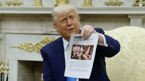 U.S. President Donald Trump holds up a printed article from "American Thinker" while accusing South Africa President Cyril Ramaphosa of state-sanctioned violence against white farmers in South Africa 