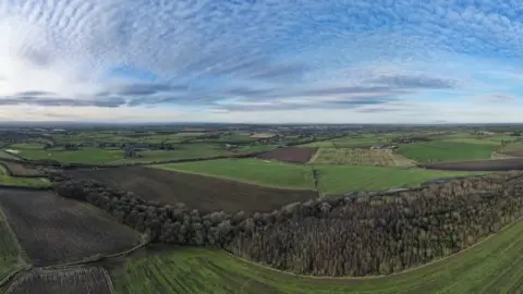 BBC Aerial view of woods and fields