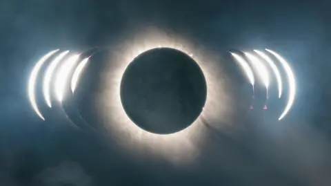 A picture of a solar eclipse. There is a large black sky with light in the middle from the moon.