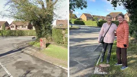 Google / BBC A split photo: the left side shows a picture of the pillar post box with a red cast iron front on the side of the street and the right image is a photo of two local residents standing where the post box once stood 