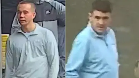 CCTV footage still shot of two men in a collage. The left one has a number one short haircut and is wearing a grey half zip. The right one has brown hair shortish and is wearing a light blue half zip. 