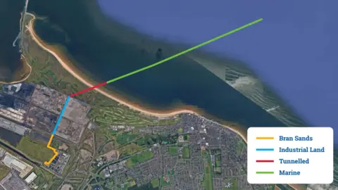 Northumbrian Water An aerial map showing the proposed pipe in different colours. Furthest inland there is a yellow line which shows Bran Sands. It then turns into a blue line to signpost where it would run through industrial land. It then turns red to show where it would be tunnelled and this crosses the coast and into the sea. The green line is the longest and goes out to sea.