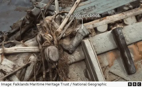 Falklands Maritime Heritage Trust / National Geographic A boot lying among the wreckage. It is labelled 'Explorer's boot'