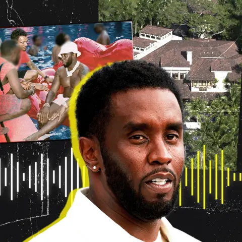 BBC Collage featuring people in a swimming pool, a large house with a tiled roof surrounded by greenery, and Sean Combs in the foreground, overlaid with yellow and white sound wave graphics.
