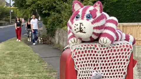 A knitted pink and white bagpuss on top of a post box