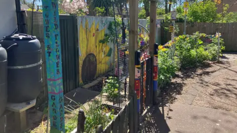 Shariqua Ahmed/BBC A fenced garden with sunflowers painted on the fence. 