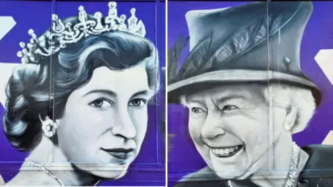 Reprezent Project A mural depicting the likeness of Queen Elizabeth II in 1952 on the left and her portrait in 2022. They are painted against a purple background. 