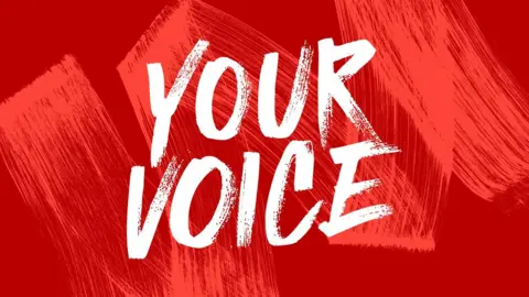A graphic with a red background and the words Your Voice in white capital letters