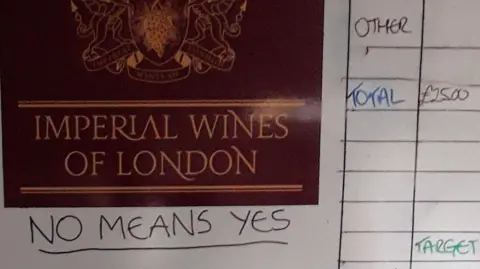 Hertfordshire County Council A whiteboard containing a purple and gold rectangular sign saying "IMPERIAL WINES OF LONDON". The words "NO MEAN YES" are hand- written beneath the sign in black marker pen