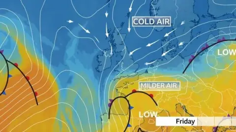 A weather map showing cold air coming from the north meeting milder air in the south. The cold air is blue and the mild air is yellow. There are white arrows showing the direction on travel. It is over the map of the UK and Ireland.