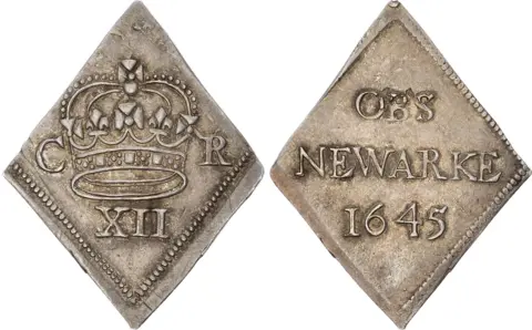 Diamond-shaped piece of metal, showing both sides, one with a crown and CR XII stamped on it, the other with OBS Newark 1645