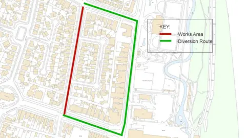 A map of Skegness showing the streets that are affected behind Park Avenue, Skegness.  A red line indicates where the work will take place, and a green line shows the diversion route.