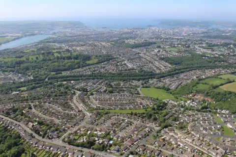 An aerial view of Plymouth and the sea