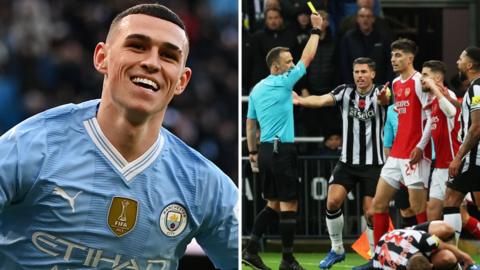 Phil Foden celebrates while Arsenal and Newcastle players argue with a referee