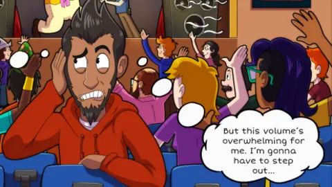 A cartoon showing a man with a black beard and hair sitting in a packed auditorium, but with his back to the stage. He has one hand up over his ear. Behind him are the back views of people raising their arms. A speech bubble says "But this volume's overwhelming for me. I'm gonna have to step outside..."