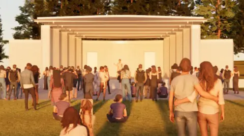 A CGI image of a busy crowd of people watching a performance on the rebuilt bandstand. It is a light colour and modern structure, with several columns on the stage. It is surrounded by tall trees.