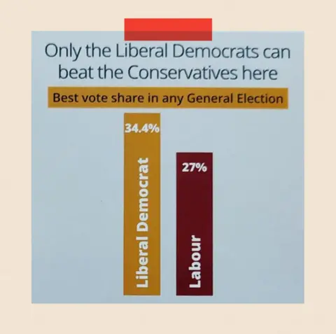 LibDems Bar chart showing the Liberal Democrats on 34.4% and Labour on 27% and saying that only the Liberal Democrats can beat the Conservatives