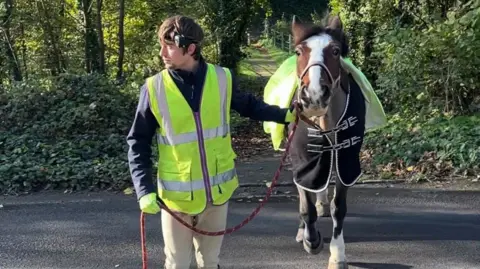 Rory Leggett is pictured crossing the A284 near the stables where he works  with his brown horse Badger. Both are wearing high vis clothing to be more visible.