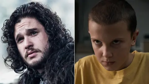 Kit Harrington as Jon Snow in Game of Thrones and Millie Bobbie-Brown as Eleven in Stranger Things