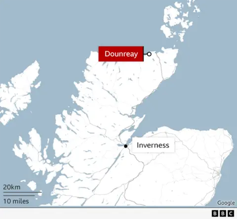 A map of Scotland showing the locations of Inverness and Dounreay.
