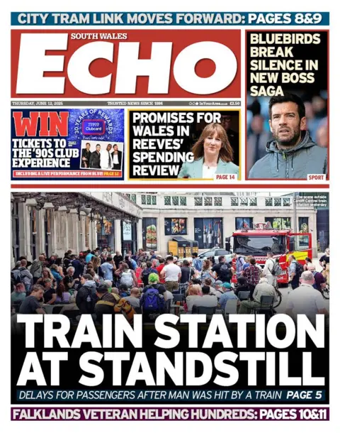 South Wales Echo South Wales Echo front page with a headline reading "Train station at standstill" with a picture of a large crowd outside Cardiff Central Station 