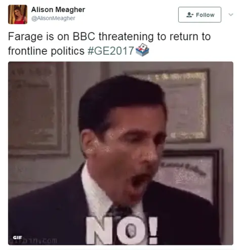 @alisonmeagher Tweet angrily reacting to Farage's potential return