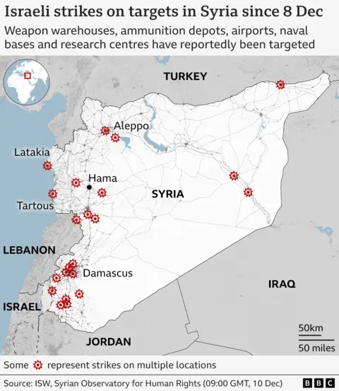 A map showing the places in Syria that Israel has targeted with missile strikes, most of which are in the the south and west of the country, particularly around the capital, Damascus