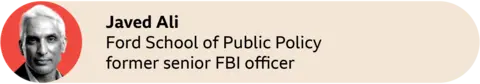 A red circle with a picture of Javed Ali, Ford School of Public Policy / former senior FBI officer