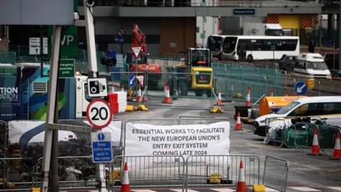 Getty Images A sign alerts travellers arriving at the Port of Dover on the south-east coast of England on July 31, 2024, of the construction works underway to facilitate the new European Union Entry Exit System, due to open in late 2024.
