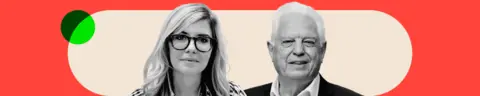 Promotional banner image for the InDepth newsletter, featuring black and white portrait images of Emma Barnett and John Simpson. Emma has dark-rimmed glasses, long fair hair and a striped shirt. John has short, white hair with a white shirt and dark blazer. They are set on a lobster red background with an oatmeal-coloured curve and green overlapping circle.