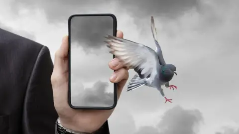 A stylised image of a mobile phone and a pigeon flying from the screen. The phone is being held by a man wearing a dark suit with a silver wrist watch. The background is a cloudy sky.