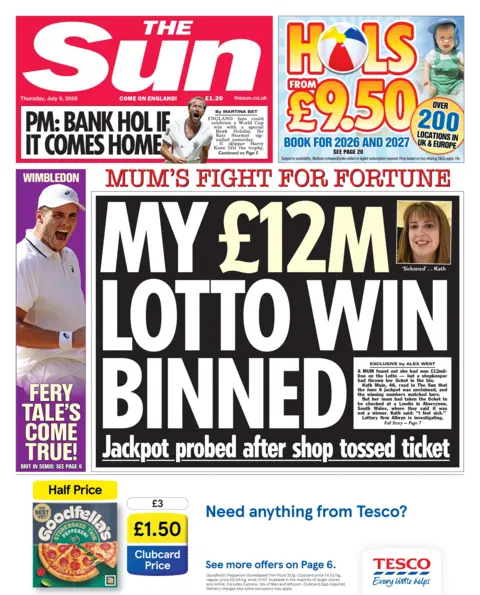 The headline for the front page of the Sun reads: 'My £12m lotto win binned.'