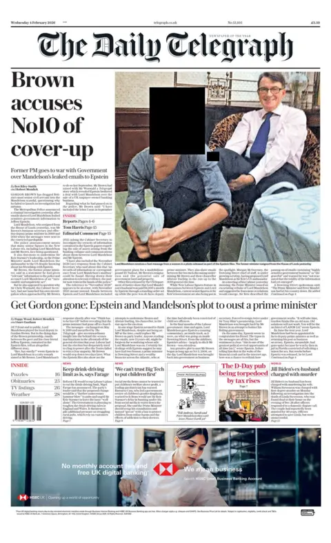 "Brown accuses No10 of cover-up," reads the headline on the front page of the Daily Telegraph.