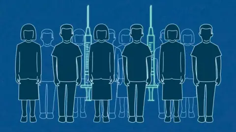 drawing of men and women with syringe in the background