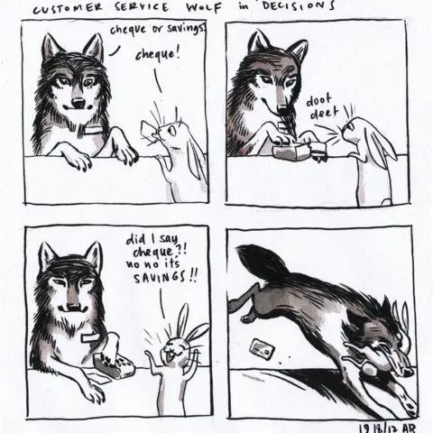 Anne Barnetson/CustomerServiceWolf.com Comic panel called 'Customer Service Wolf in 'Decisions'. First panel shows a wolf behind a counter asking a hare customer 'cheque or savings?' The hare says 'cheque'. Second panel shows wolf using a cheque machine with the sounds saying 'doot deet' while the hare watches. The third panel shows the hare saying 'Did I say cheque?! No, no it's savings!!" Fourth panel shows the wolf bounding over the counter and grabbing the hare in its mouth