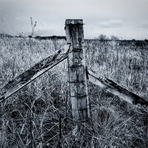 James Bimson A black and white photo fo an old fence