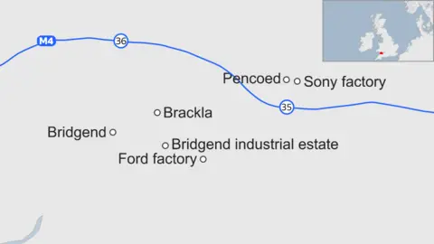 Map of M4 around Bridgend