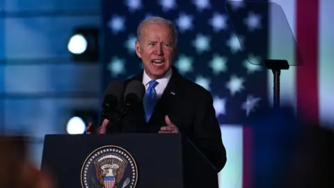Getty Images US President Joe Biden giving a speech in Warsaw, Poland on Saturday
