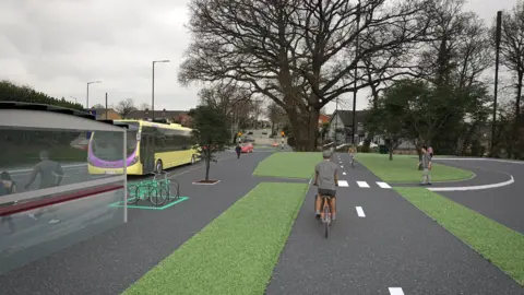 CGI of cycle lanes in Wimborne Road looking west towards Bear Cross roundabout