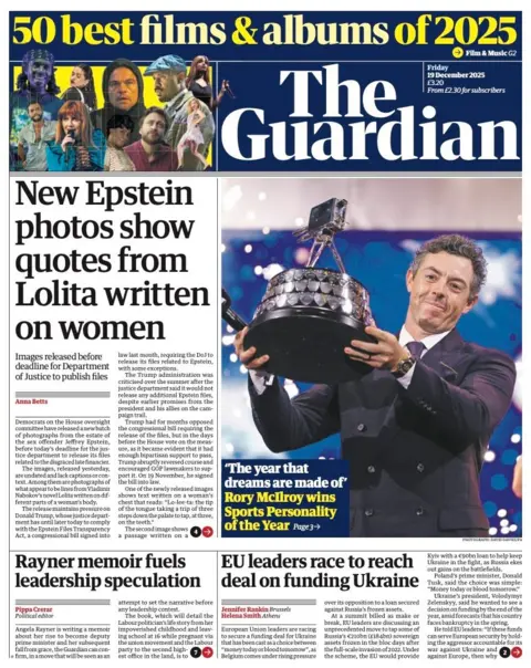 The headline on the front page of the Guardian reads: "New Epstein photos show quotes from Lolita written on women".